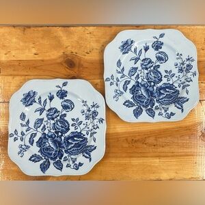 Vintage 40s Johnson Brothers Elizabeth Blue Floral Square Plates 7.5 in Set of 2